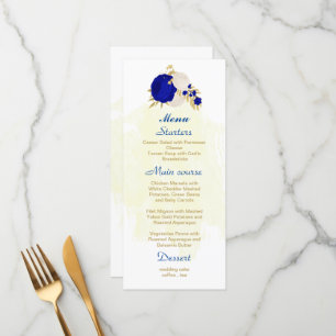 royal blue & white flowers gold botanical wedding  menu