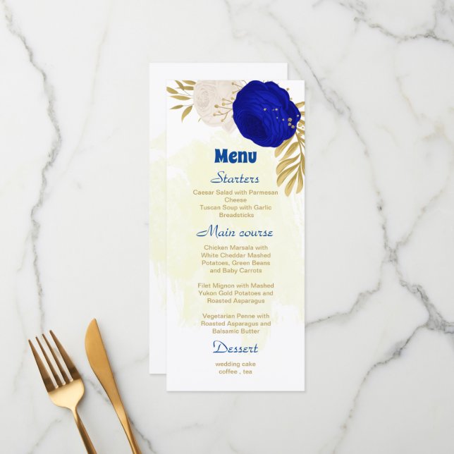 royal blue & white flowers gold botanical wedding  menu (Front/Back In Situ)