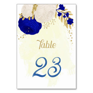 royal blue & white flowers gold botanical wedding table number