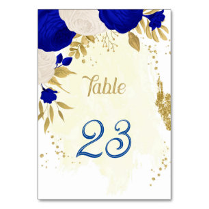 royal blue & white flowers gold botanical wedding table number