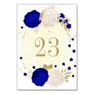 royal blue & white flowers gold botanical wedding table number