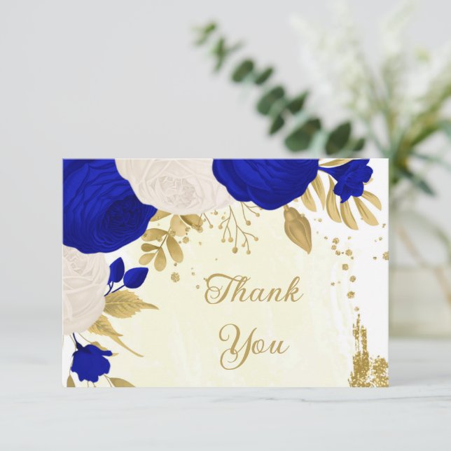royal blue & white flowers gold botanical wedding thank you card (Standing Front)