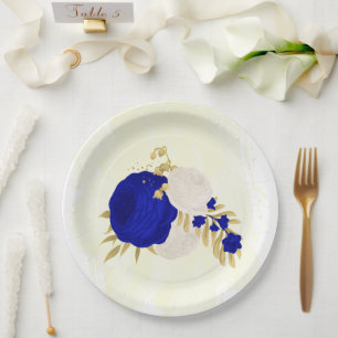  royal blue & white flowers gold paper plate