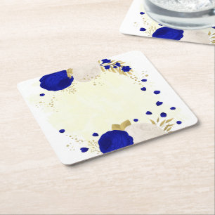  royal blue & white flowers gold square paper coaster