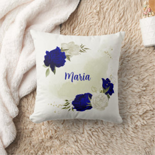 royal blue white flowers green leaves throw pillow