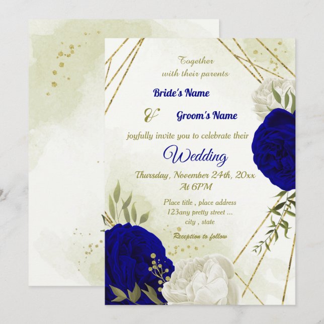 royal blue white flowers green leaves wedding invitation (Front/Back)