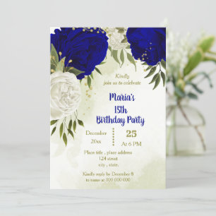 royal blue white flowers greenery birthday invitation