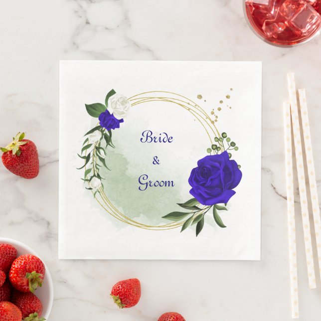 royal blue & white flowers greenery gold wreath napkin (Insitu)