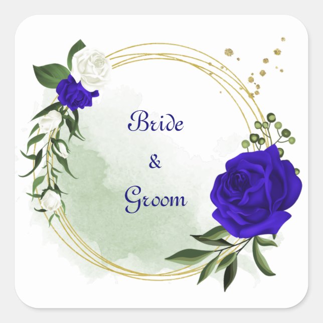 royal blue & white flowers greenery gold wreath square sticker (Front)