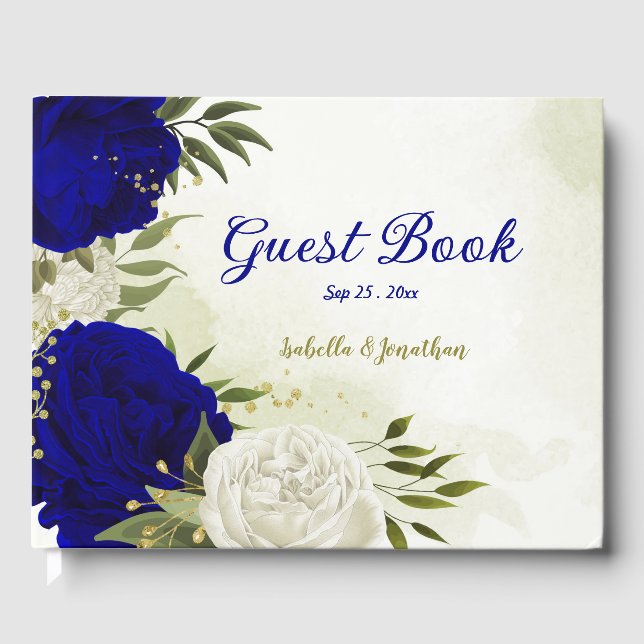 royal blue white flowers greenery guest book (Front)