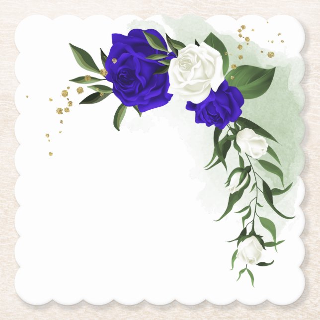 royal blue & white flowers greenery  paper coaster (Front)