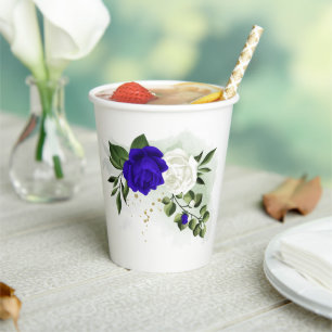 royal blue & white flowers greenery paper cups