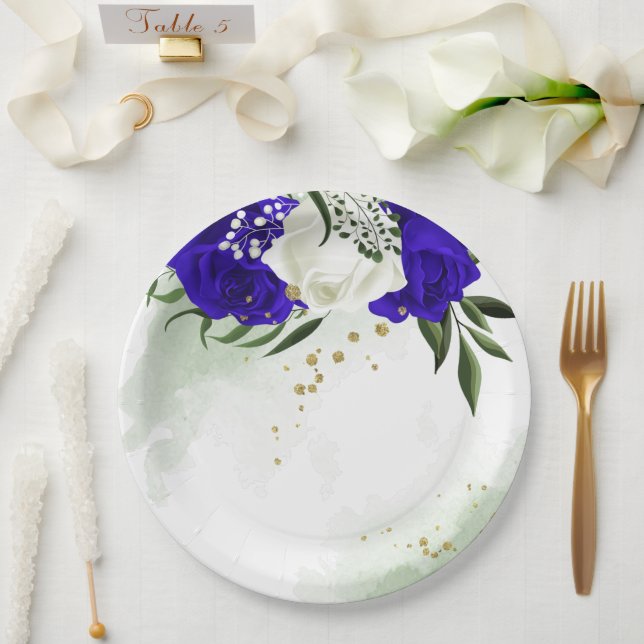 royal blue & white flowers greenery paper plate (Wedding)
