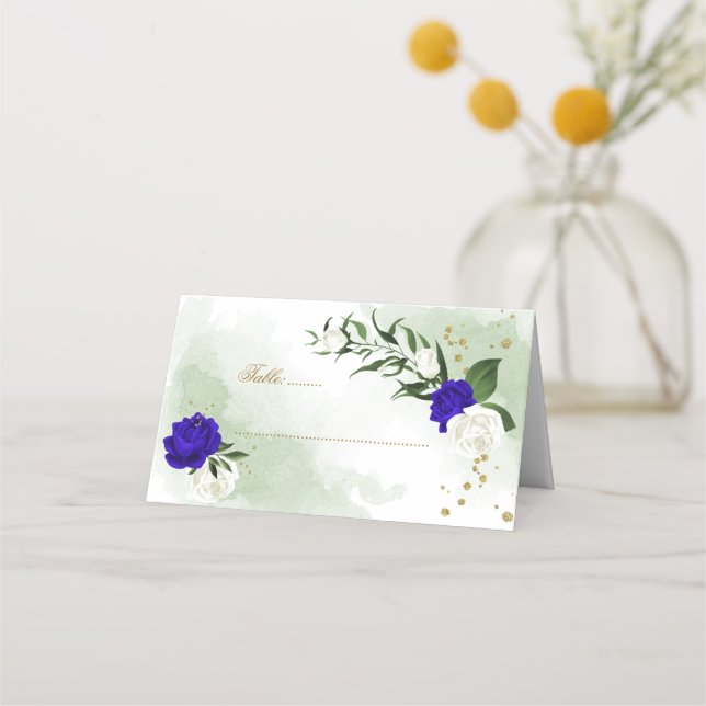 royal blue & white flowers greenery place card (Front)