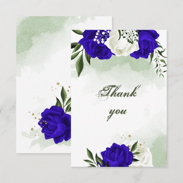 royal blue & white flowers greenery thank you card (Front/Back)