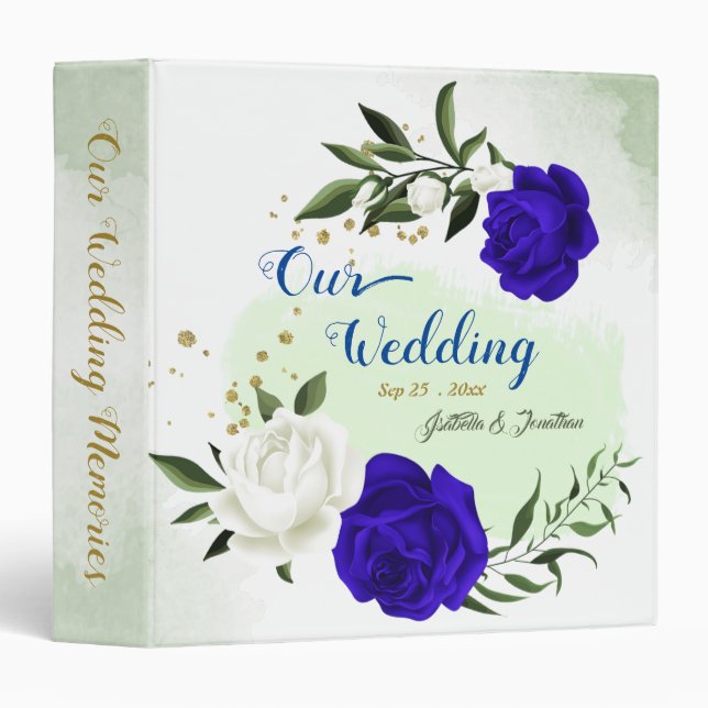 royal blue & white flowers greenery wedding album binder (Front/Spine)