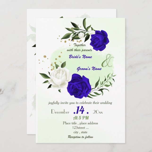 royal blue white flowers greenery wedding invitation (Front/Back)