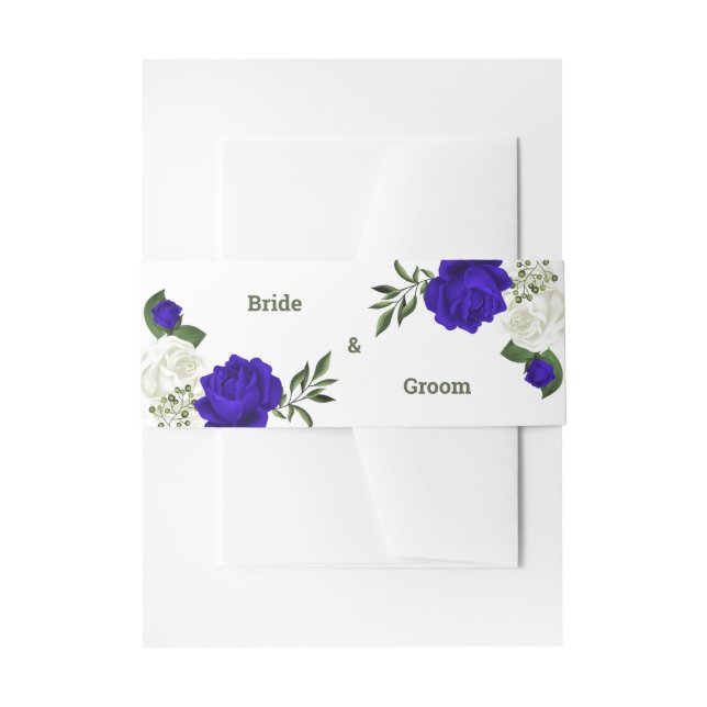 royal blue & white flowers greenery wedding invitation belly band (Front Example)