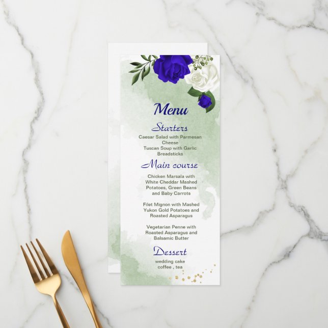 royal blue white flowers greenery wedding menu (Front/Back In Situ)