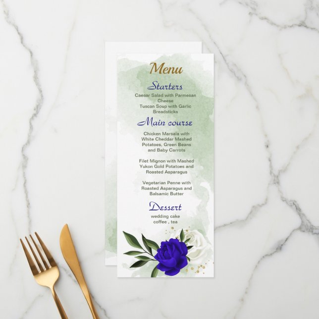 royal blue white flowers greenery wedding menu (Front/Back In Situ)