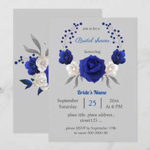 royal blue white flowers grey  bridal shower invitation