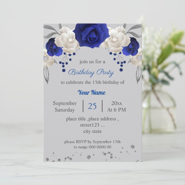 royal blue white flowers grey leaves birthday invitation (Standing Front)