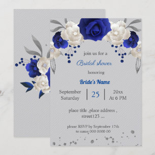 royal blue white flowers grey leaves bridal shower invitation
