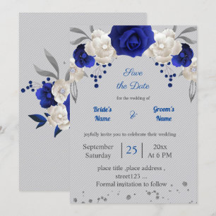 royal blue white flowers grey leaves save the date invitation