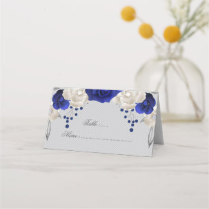 royal blue white flowers grey place card