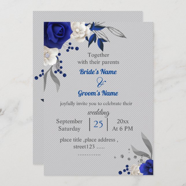royal blue white flowers leaves grey wedding invitation (Front/Back)