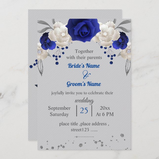 royal blue white flowers leaves grey wedding invitation (Front/Back)