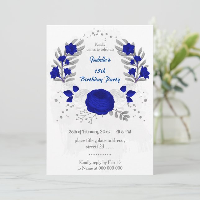 royal blue &white flowers silver birthday invitation (Standing Front)