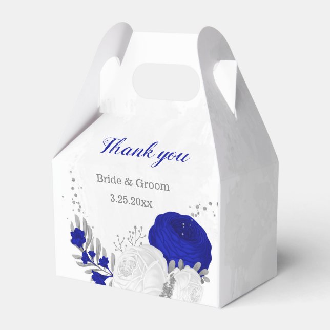 royal blue &white flowers silver botanical wedding favor box (Front Side)