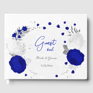 royal blue &white flowers silver botanical wedding guest book