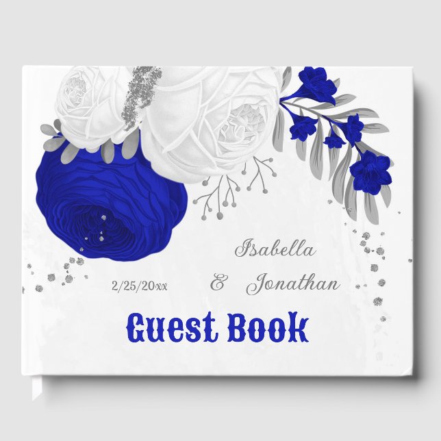 royal blue &white flowers silver botanical wedding guest book (Front)