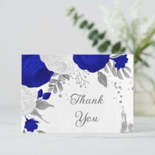 royal blue &white flowers silver botanical wedding thank you card