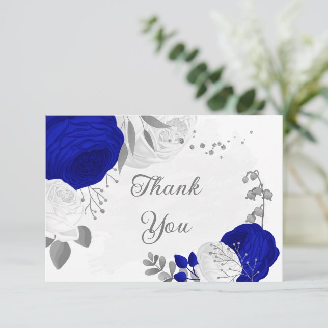 royal blue &white flowers silver botanical wedding thank you card (Standing Front)
