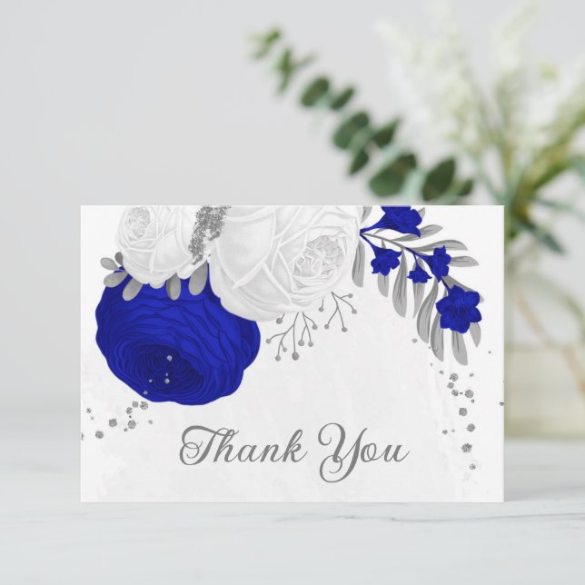 royal blue &white flowers silver botanical wedding thank you card (Standing Front)
