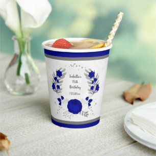 royal blue &white flowers silver botanical wreath paper cups