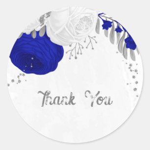  royal blue & white flowers silver classic round sticker