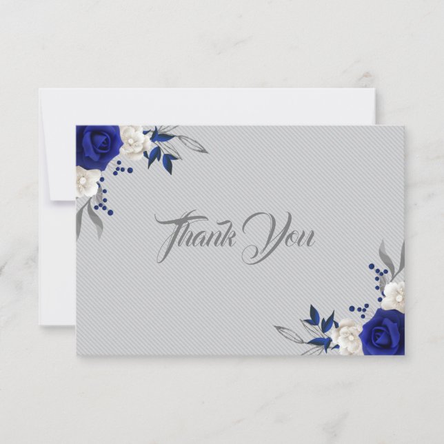 royal blue white flowers silver grey thank you card (Front)