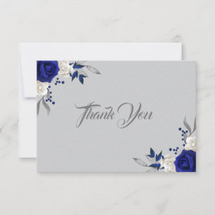 royal blue white flowers silver grey thank you card