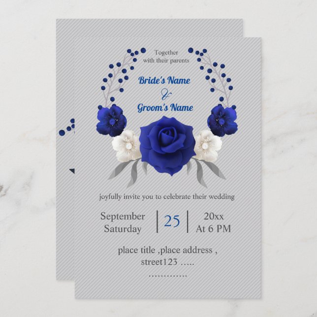 royal blue white flowers silver grey wedding invitation (Front/Back)