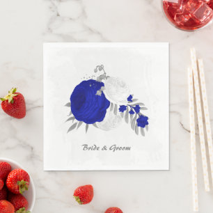  royal blue & white flowers silver napkin