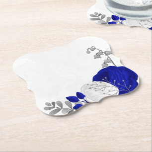  royal blue & white flowers silver paper coaster