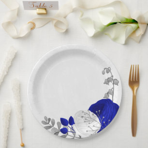  royal blue & white flowers silver paper plate