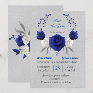 royal blue white flowers silver save the date invitation