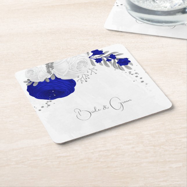  royal blue & white flowers silver square paper coaster (Angled)