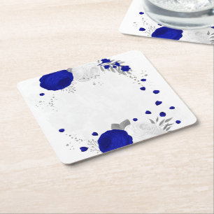  royal blue & white flowers silver square paper coaster