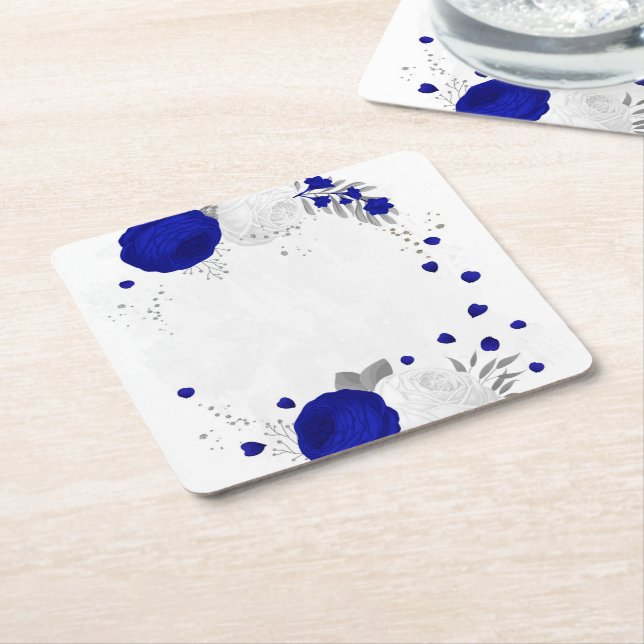  royal blue & white flowers silver square paper coaster (Angled)